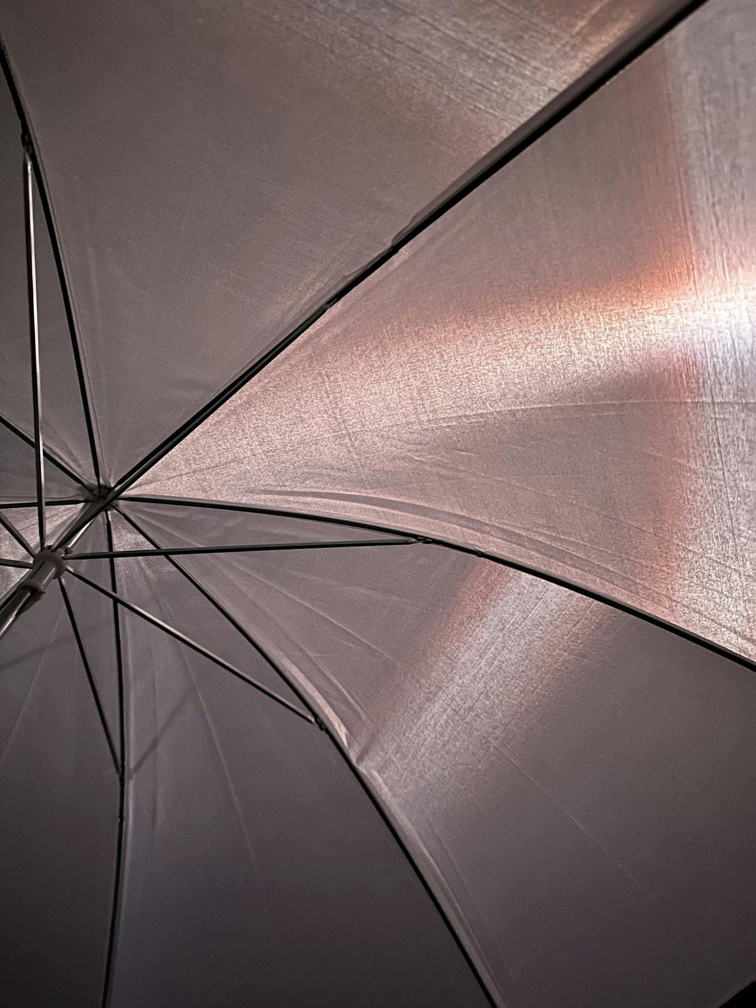 Detailed shot of a gray umbrella highlighting its metal ribs and reflective fabric texture.